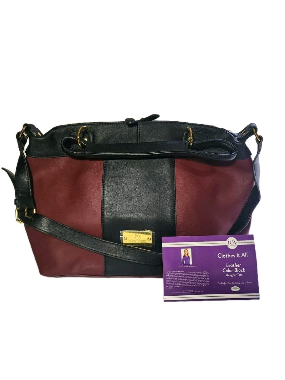 New JM Joy  Colorblock Genuine Leather Tote Bag Purse Travel Satchel Burgundy
